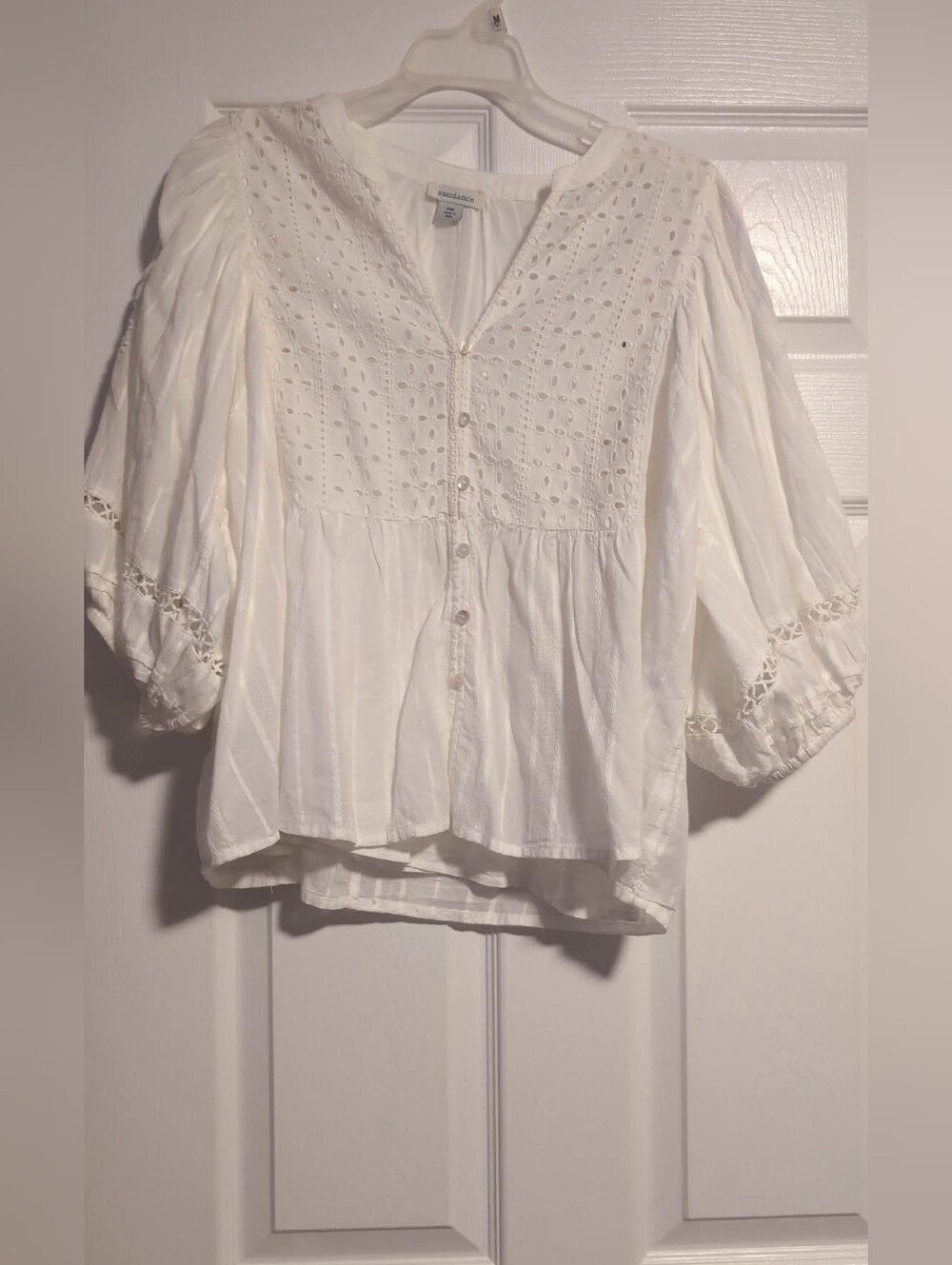 Sundance White Eyelet Lace Panel Button Front Babydoll Blouse Balloon Sleeve